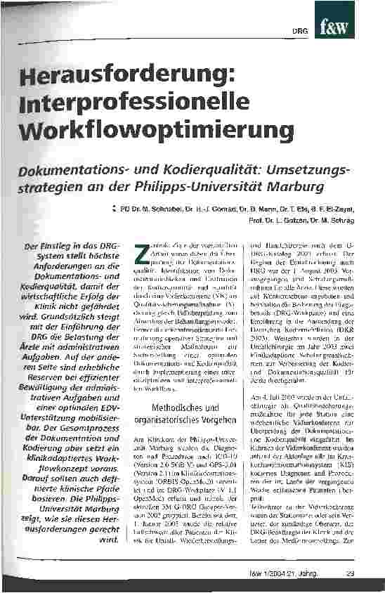 Vorschauseite 1: Herausforderung: Interprofessionelle Workflowoptimierung Dokumentationsund Kodierqualität: Umsetzungsstrategien an der Philipps-Universität Marburg