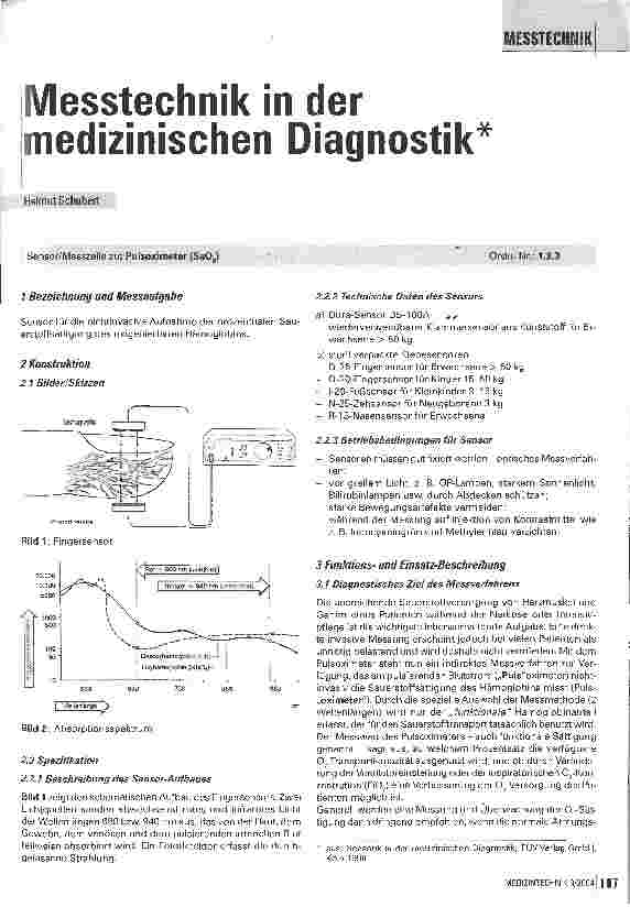 Vorschauseite 1: Messtechnik in der medizinischen Diagnostik Sensor/Messzelle zu: Pulsoximeter