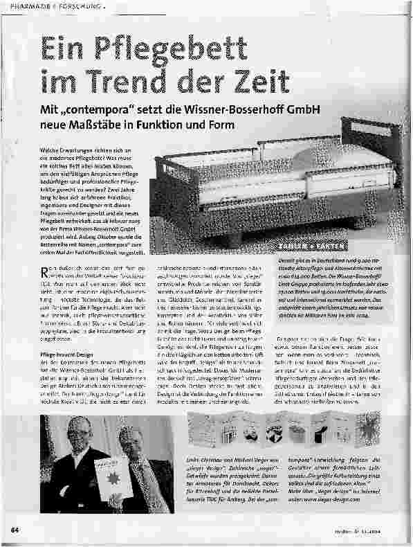 Vorschauseite 1: Ein Pflegebett im Trend der Zeit.Mit contempora setzt die Wissner-Bosserhoff GmbH neue Maßstäbe in Funktion und Form