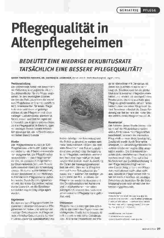 Vorschauseite 1: Pflegequalität in Alten pflegeheimenBEDEUTET EINE NIEDRIGE DEKUBITUSRATE TATSÄCHLICH EINE BESSERE PFLEGEQUALITÄT