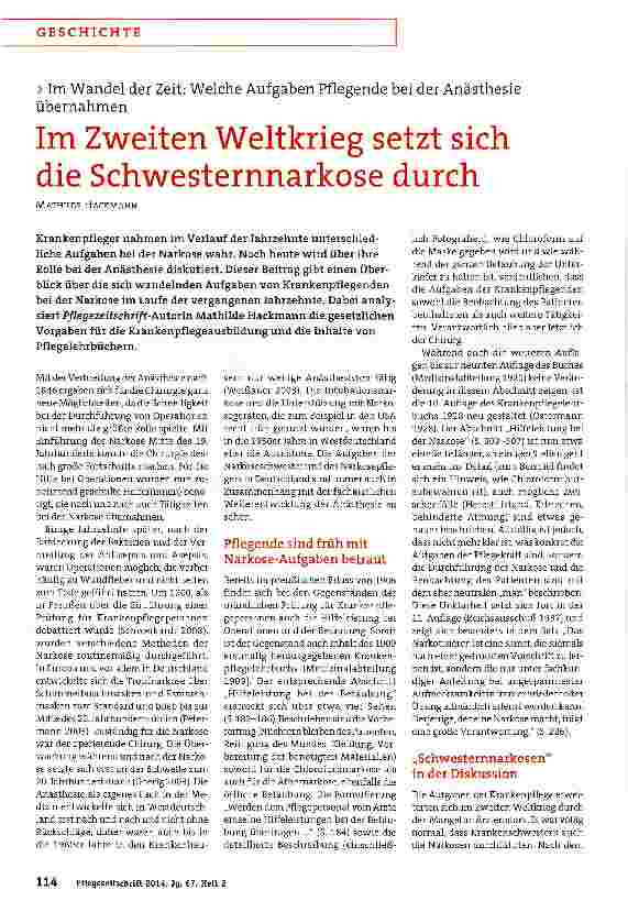 Vorschauseite 1: Im Zweiten Weltkrieg setzt sich die Schwesternnarkose durch