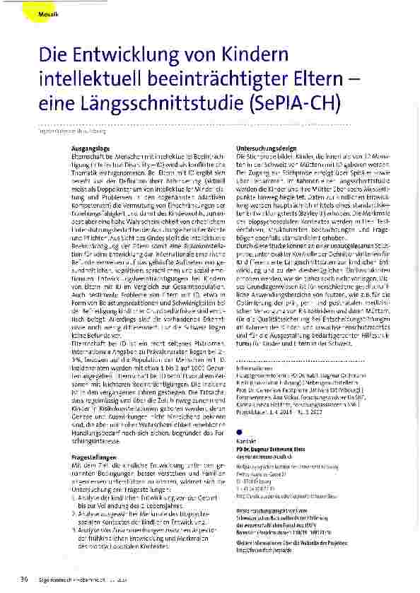 Vorschauseite 1: Die Entwicklung von Kindern intellektuell beeinträchtigter Eltern -eine Längsschnittstudie (SePIA-CH)