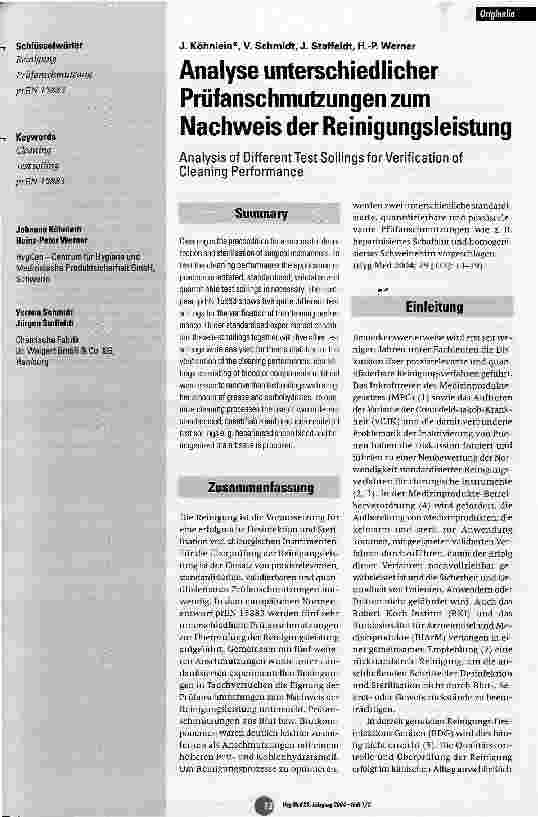 Vorschauseite 1: Analyse unterschiedlicher Prüfanschmutzungen zum Nachweis der Reinigungsleistung