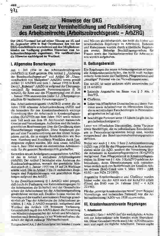 Vorschauseite 1: Hinweise der DKG zum Gesetz zur Vereinheitlichung und Flexibilisierung des Arbeitszeitrechts (Arbeitszeitrechtgesetz - ArbZRG)
