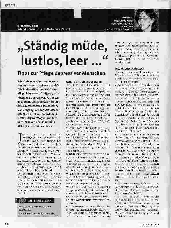 Vorschauseite 1: Ständig müde, lustlos, leer. .. Tipps zur Pflege depressiver Menschen