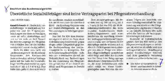 Vorschauseite 1: Beschluss des BundessozialgerichtsÜberörtliche Sozialhilfeträger sind keine Vertragspartei bei Pflegesatzverhandlung