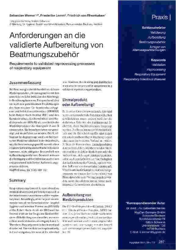 Vorschauseite 1: Anforderungen an die validierte Aufbereitung von Beatmungszubehör