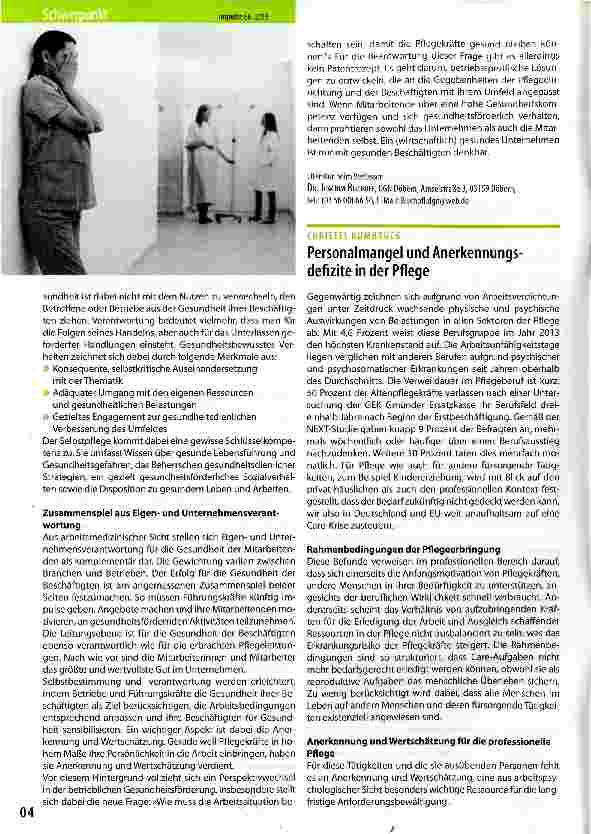 Vorschauseite 1: Personalmangel und Anerkennungsdefizite in der Pflege