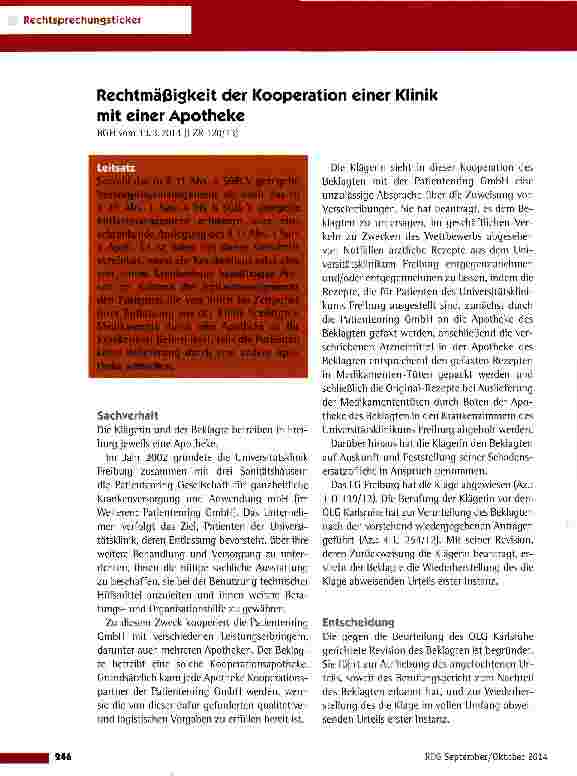 Vorschauseite 1: Rechtmäßigkeit der Kooperation einer Klinik mit einer Apotheke BGH vom 13.3.2014 (1 ZR 120/13)