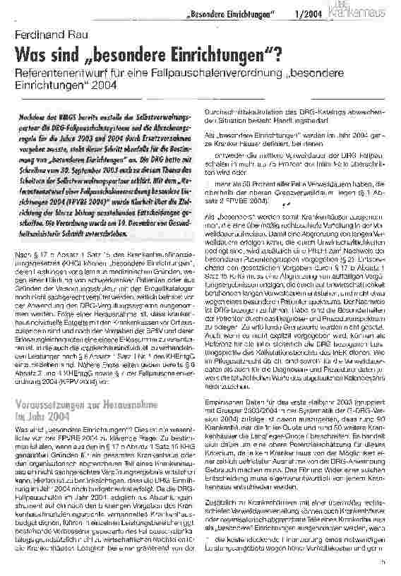 Vorschauseite 1: Was sind besondere Einrichtungen? Referentenentwurf für eine Fallpauschalenverordnung besondere Einrichtungen 2004