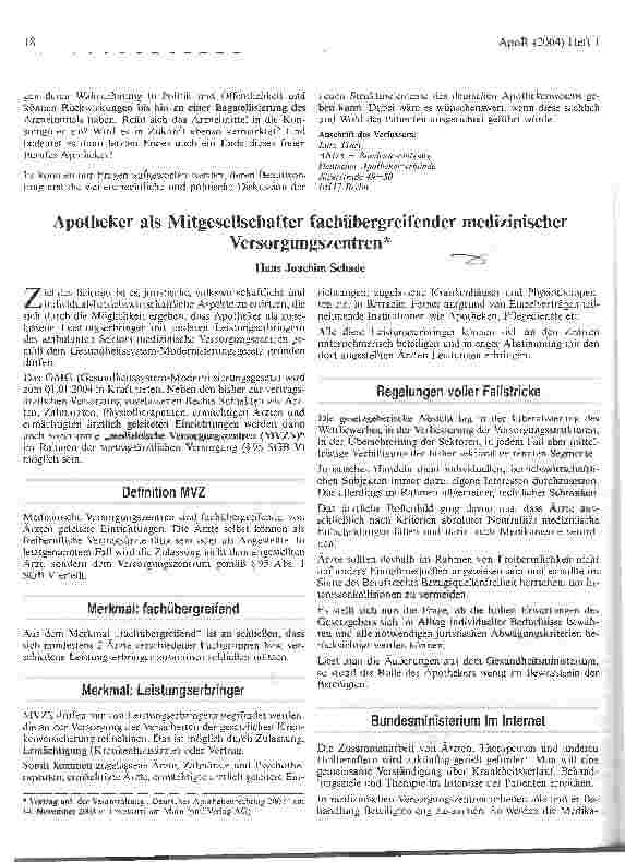 Vorschauseite 1: Apotheker als Mitgesellschafter fachübergreifender medizinischer Versorgungszentren