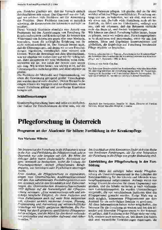 Vorschauseite 1: Pflegeforschung in Österreich Programm an der Akademie für höhere Fortbildung in der Krankenpflege