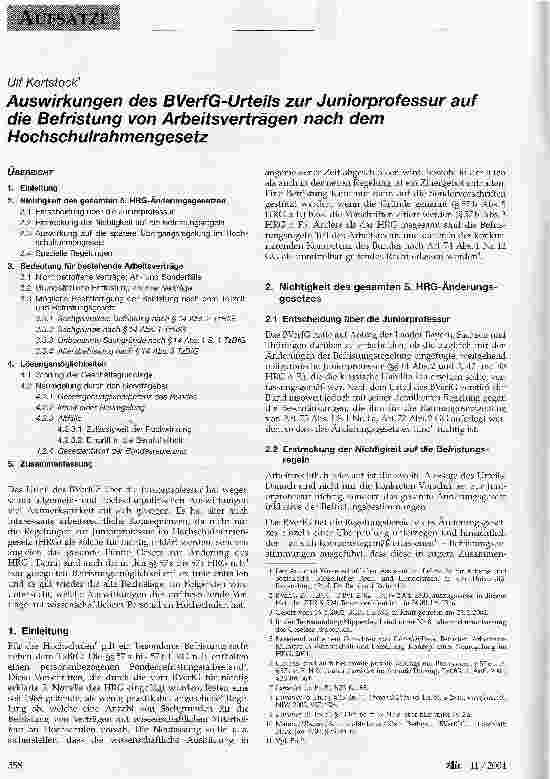 Vorschauseite 1: Auswirkungen des BVerfG-Urteils zur Juniorprofessur auf die Befristung von Arbeitsverträgen nach dem Hochschulrahmengesetz