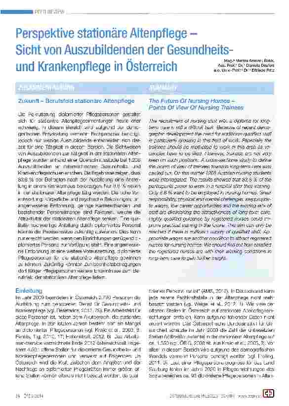 Vorschauseite 1: Perspektive stationäre Altenpflege -Sicht von Auszubildenden der Gesundheitsund Krankenpflege in Österreich