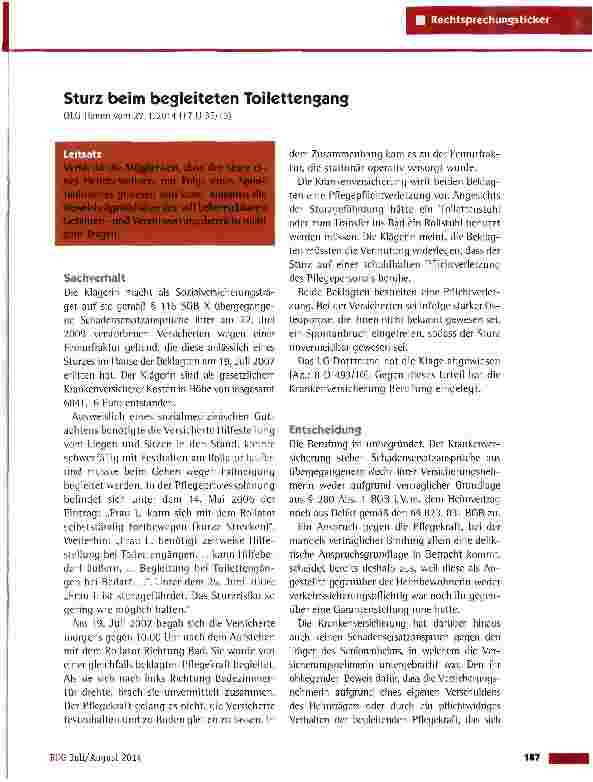 Vorschauseite 1: Sturz beim begleiteten Toilettengang OLG Hamm vom 27.1.2014 [17 U 35/13)