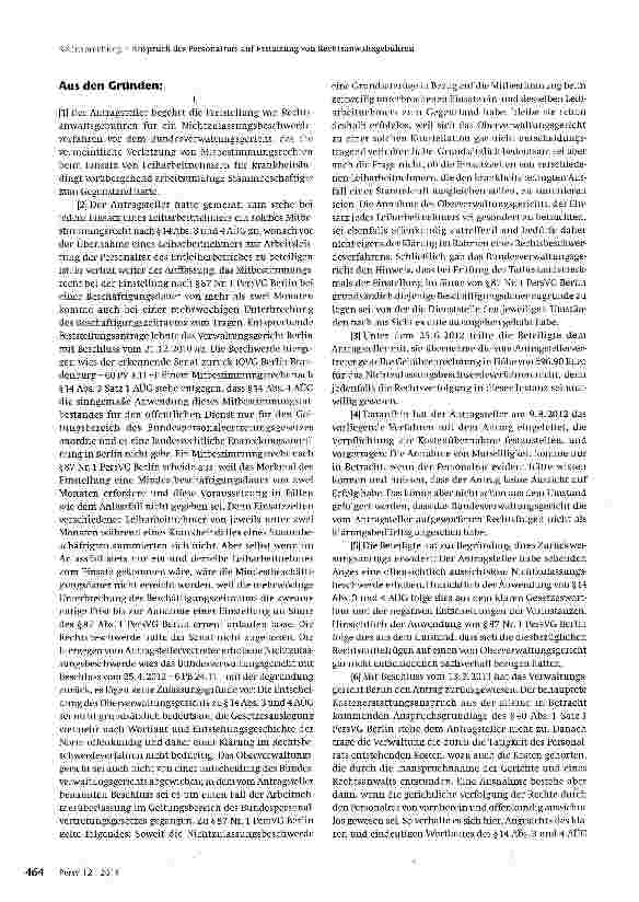 Vorschauseite 2: Anspruch des Personalrats auf Erstattung von Rechtsanwaltsgebühren