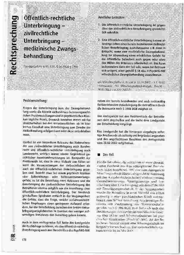 Vorschauseite 1: Öffentlich-rechtliche Unterbringung -zivilrechtliche Unterbringung -medizinische ZwangsbehandlungPsvchKG-NW § 10, § 11, § 18; BGB S 1906