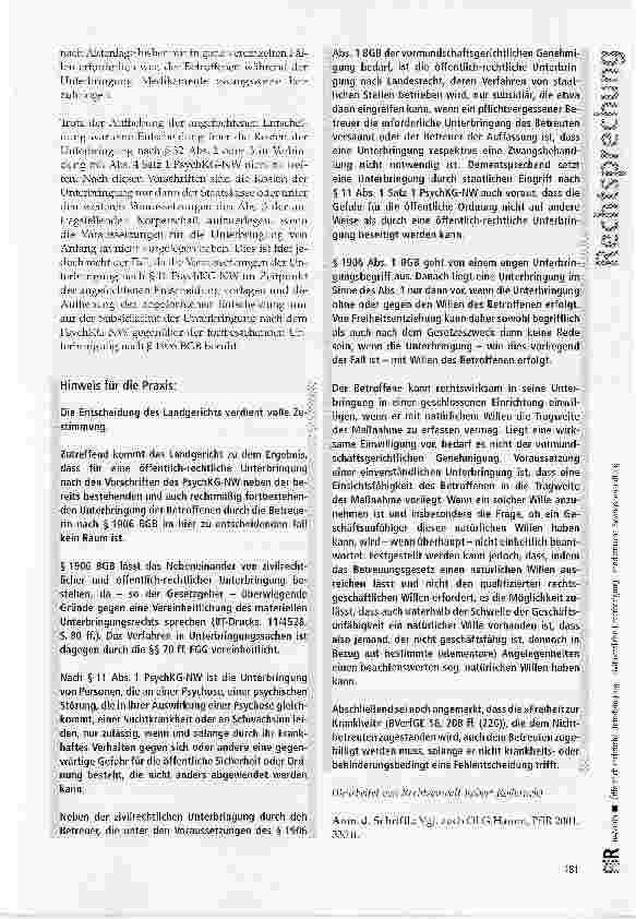Vorschauseite 4: Öffentlich-rechtliche Unterbringung -zivilrechtliche Unterbringung -medizinische ZwangsbehandlungPsvchKG-NW § 10, § 11, § 18; BGB S 1906