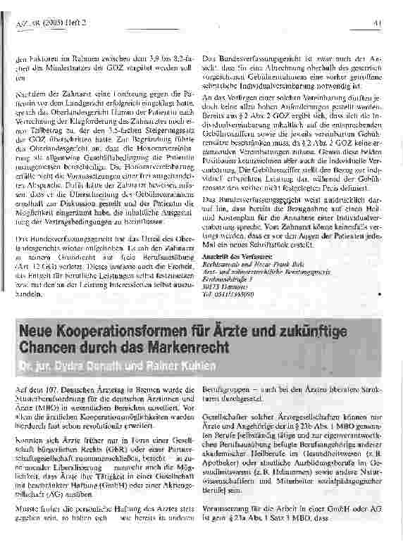 Vorschauseite 2: Bundesverfassungsgericht stärkt massiv die Position des Zahnarztes bei GOZ-Honorarvereinbarung