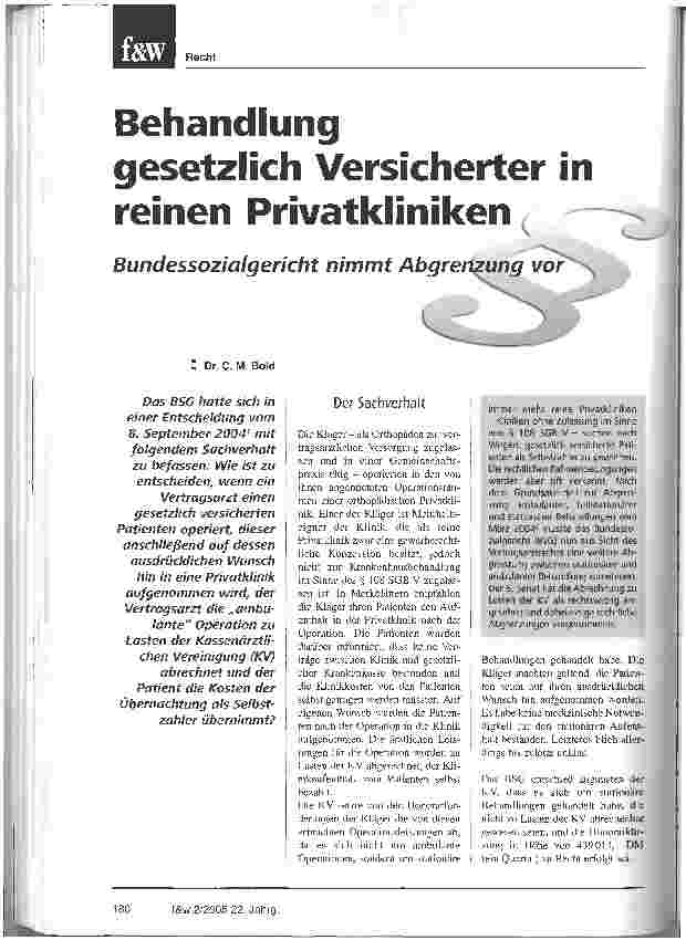 Vorschauseite 1: Behandlung gesetzlich Versicherter in reinen Privatkliniken.Bundessozialgericht nimmt Abgrenzung vor