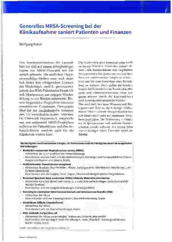 Vorschauseite 1: Generelles MRSA-Screening bei der Klinikaufnahme saniert Patienten und Finanzen