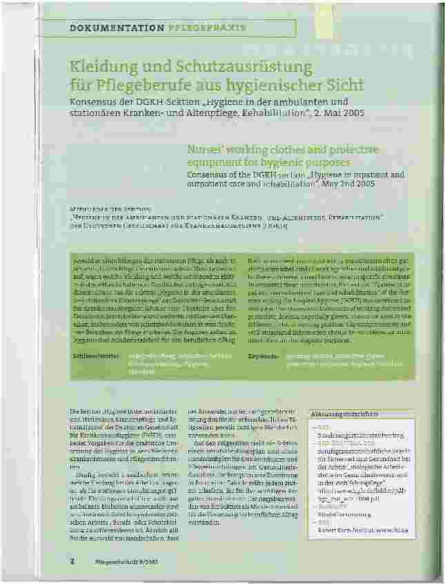 Vorschauseite 1: Kleidung und Schutzausrüstungfür Pflegeberufe aus hygienischer SichtKonsensus der DGKH-Sektion Hygiene in der ambulanten und stationären Krankenund Altenpflege, Rehabilitation, 2.…