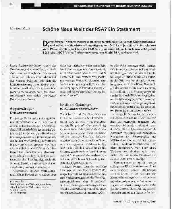 Vorschauseite 1: Schöne Neue Welt des RSA? Ein StatementDER MORBIDITATSORIENTIERTE RISIKOSTRUKTURAUSGLEICH