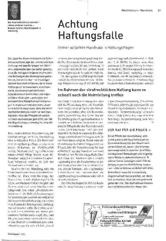 Vorschauseite 1: Achtung HaftungsfalleImmer schärfere Handhabe in Haftungsfragen