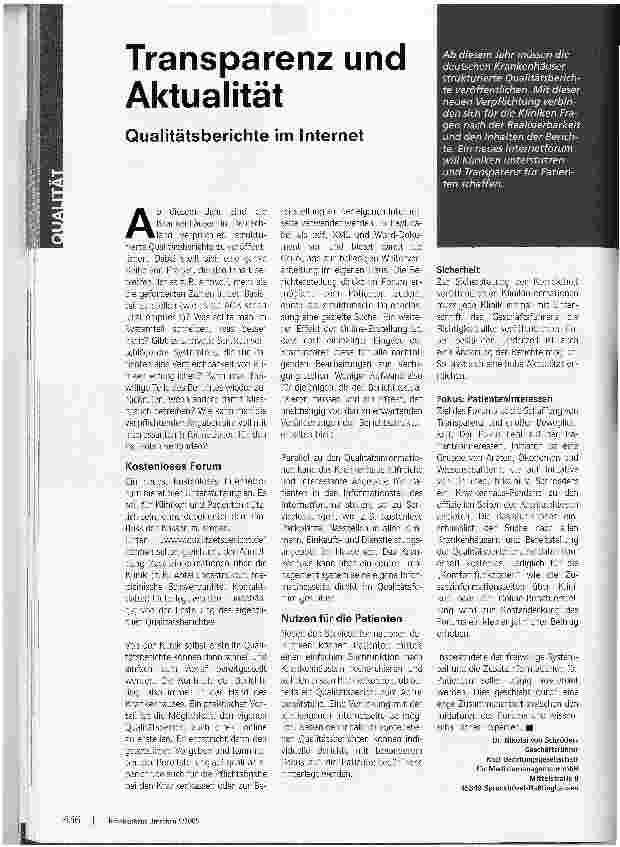 Vorschauseite 1: Transparenz und Aktualität - Qualitätsberichte im Internet