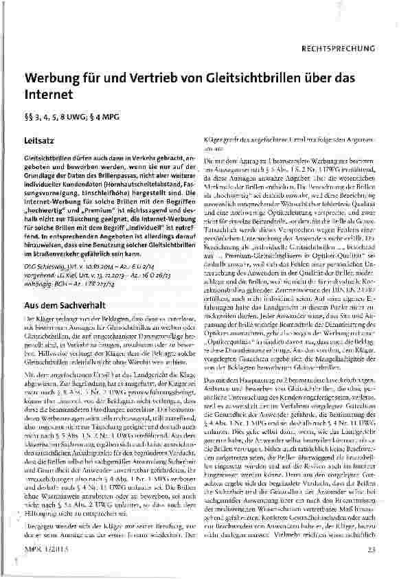 Vorschauseite 1: Werbung für und Vertrieb von Gleitsichtbrillen über das Internet §§3,4,5,8UWG;§4MPG