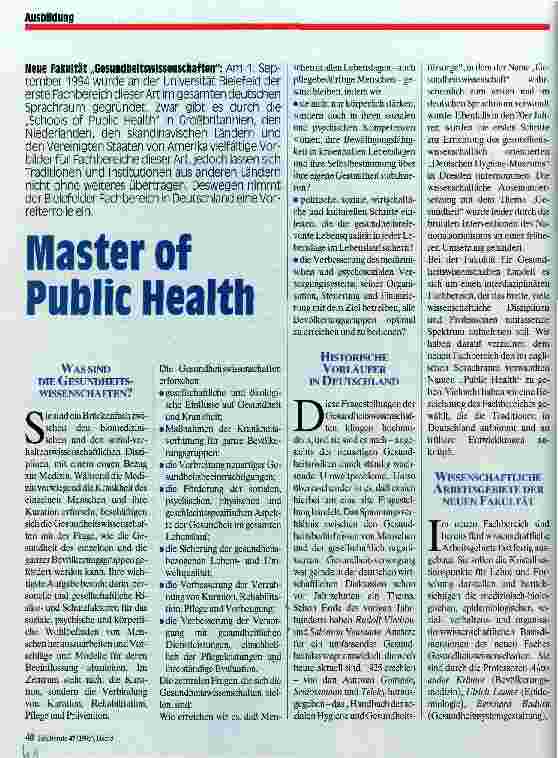 Vorschauseite 1: Master of Public Health Neue Fakultät Gesundheitswissenschaften