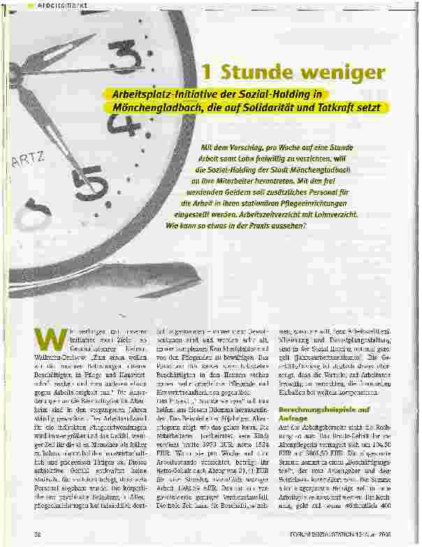 Vorschauseite 1: 1 Stunde wenigerArbeitsplatz-Initiative der Soziol-Holding in Mönchengladbach, die auf Solidarität und Tatkraft setzt