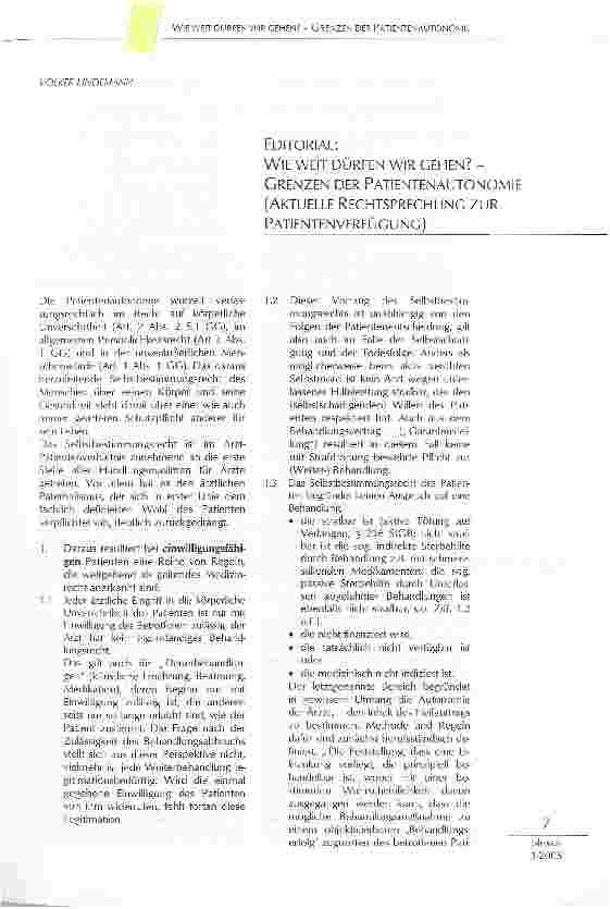 Vorschauseite 1: WIE WEIT DÜRFEN WIR GEHEN? -GRENZEN DER PATIENTENAUTONOMIE(AKTUELLE RECHTSPRECHUNG ZURPATIENTENVERFÜGUNG)