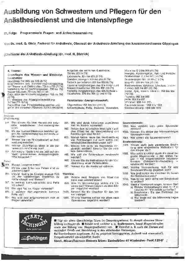 Vorschauseite 1: Ausbildung von Schwestern und Pflegern für den Anästhesiedienst und die Intensivpflege 27.Folge: Progr. Fragen und Antwortensammlung