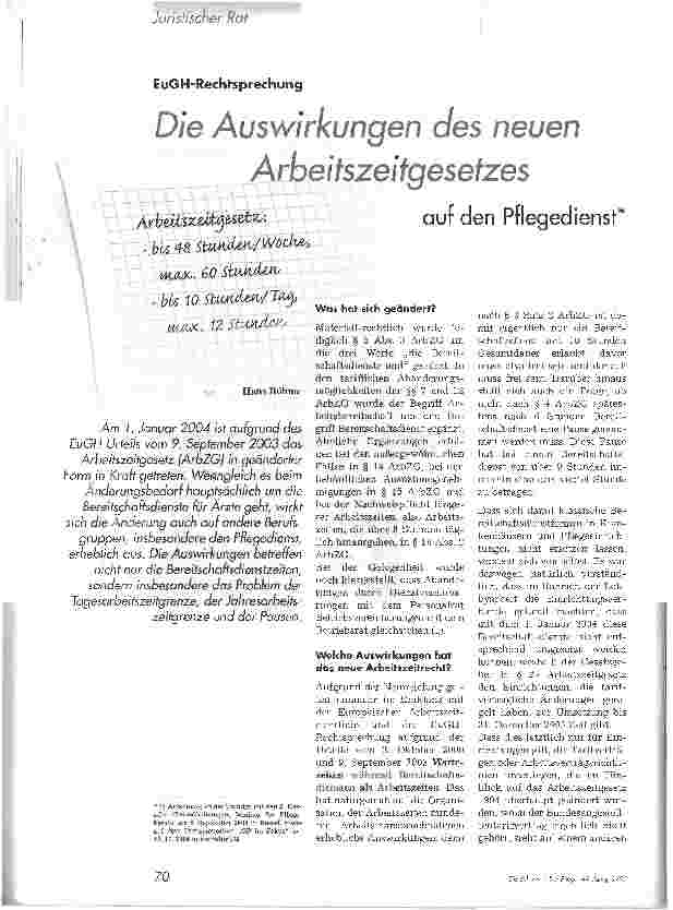 Vorschauseite 1: Die Auswirkungen des neuen Arbeitszeitgesetzes auf den Pflegedienst