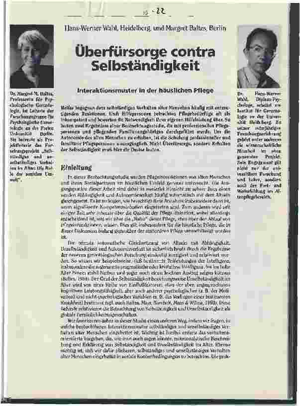 Vorschauseite 1: Überfürsorge contra Selbständigkeit Interaktionsmuster in der häuslichen Pflege