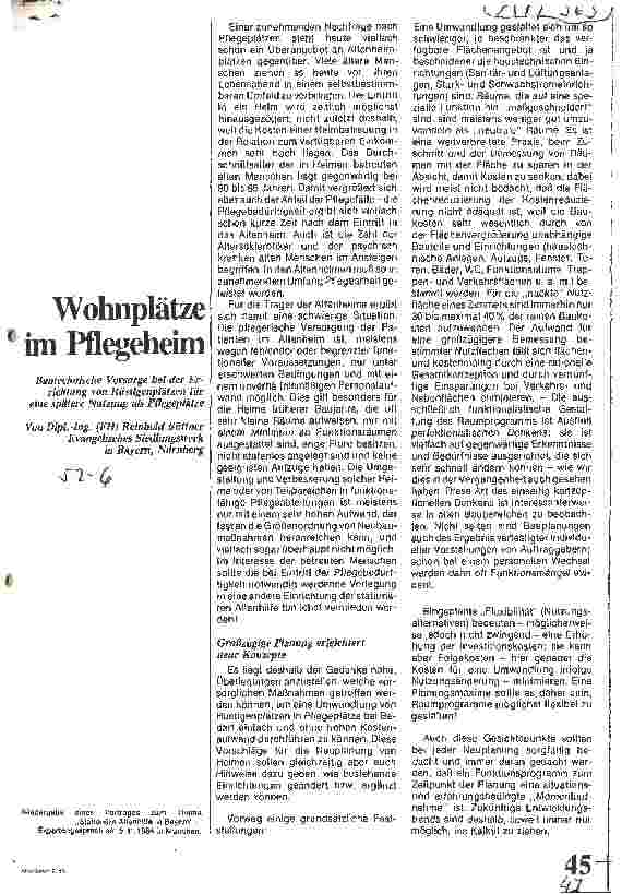 Vorschauseite 1: Wohnungsplätze im Pflegeheim / Bautechn. Vorsorge bei der Errichtung von Rüstungsplätzen für eine spätere Nutzung als Pflegeplätze