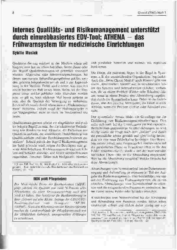 Vorschauseite 1: Internes Qualitätsund Risikomanagement unterstützt durch einwebbasiertes EDV-Tool; ATHENA - das Frühwarnsystem für medizinische Einrichtungen