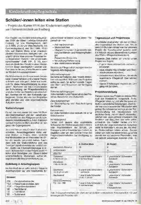 Vorschauseite 1: Schüler/-innen leiten eine Station Projekt des Kurses 93/96 der Kinderkrankenpflegeschule am Universitätsklinikum Freiburg