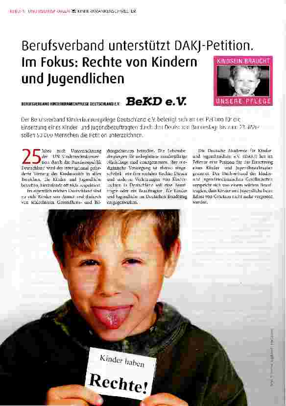 Vorschauseite 1: Berufsverband unterstützt DAKJ-Petition. Im Fokus: Rechte von Kindern und Jugendlichen