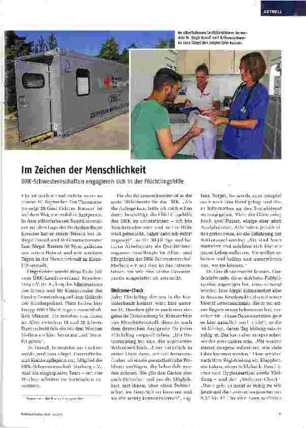 Vorschauseite 1: Im Zeichen der Menschlichkeit DRK-Schwestemschaften engagieren sich in der Flüchtlingshilfe