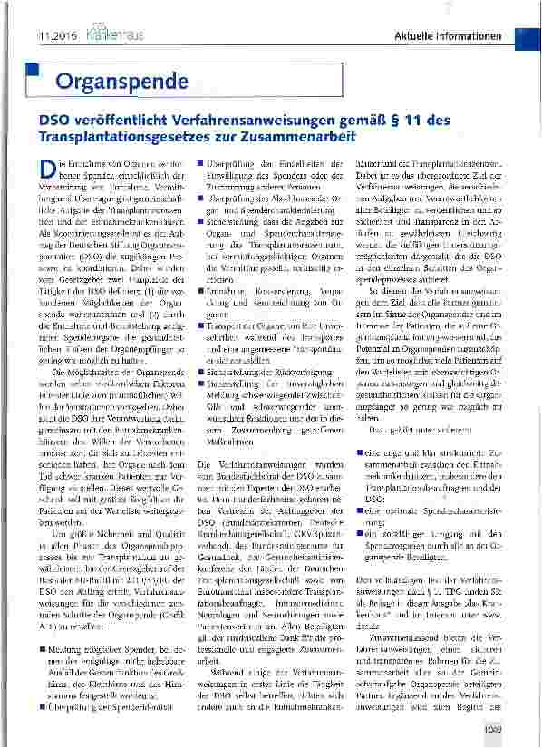 Vorschauseite 1: DSO veröffentlicht Verfahrensanweisungen gemäß § 11 des Transplantationsgesetzes zur Zusammenarbeit