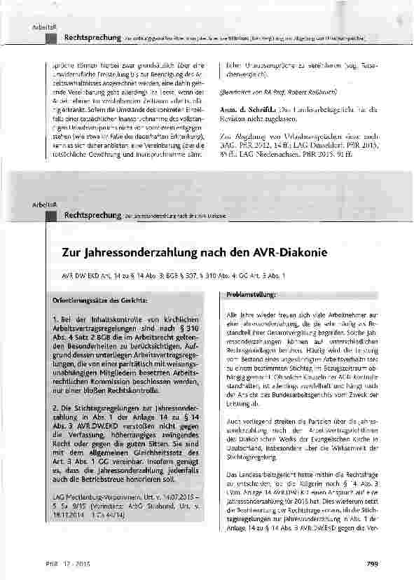 Vorschauseite 1: Zur Jahressonderzahlung nach den AVR-Diakonie AVR DW EKD Anl. 14 zu § 14 Abs. 3; BGB § 307, § 310 Abs. 4; GG Art. 3 Abs. 1