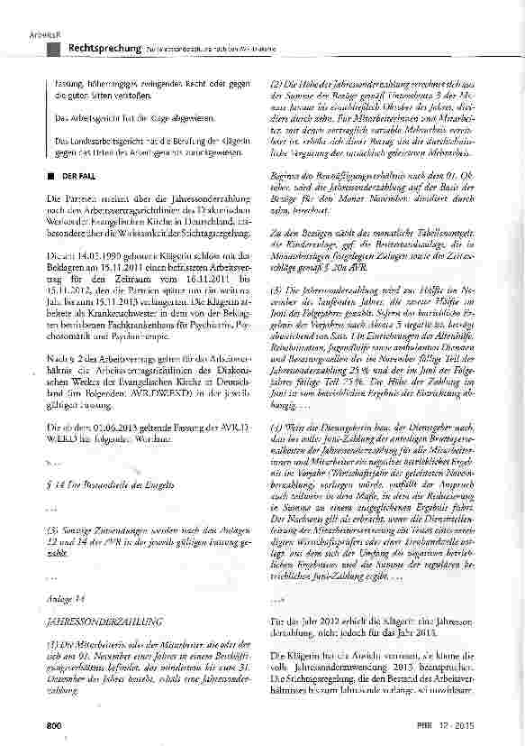 Vorschauseite 2: Zur Jahressonderzahlung nach den AVR-Diakonie AVR DW EKD Anl. 14 zu § 14 Abs. 3; BGB § 307, § 310 Abs. 4; GG Art. 3 Abs. 1