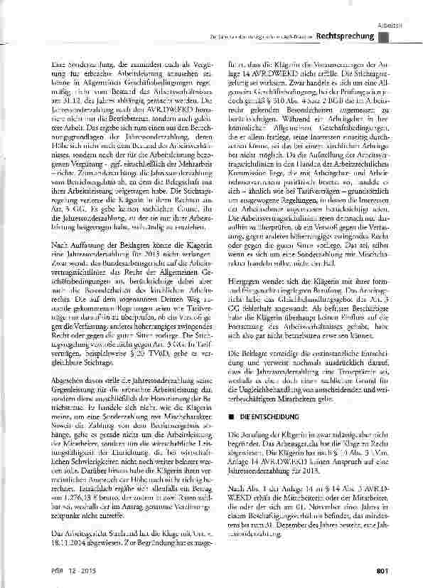 Vorschauseite 3: Zur Jahressonderzahlung nach den AVR-Diakonie AVR DW EKD Anl. 14 zu § 14 Abs. 3; BGB § 307, § 310 Abs. 4; GG Art. 3 Abs. 1