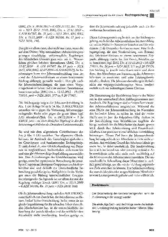 Vorschauseite 5: Zur Jahressonderzahlung nach den AVR-Diakonie AVR DW EKD Anl. 14 zu § 14 Abs. 3; BGB § 307, § 310 Abs. 4; GG Art. 3 Abs. 1