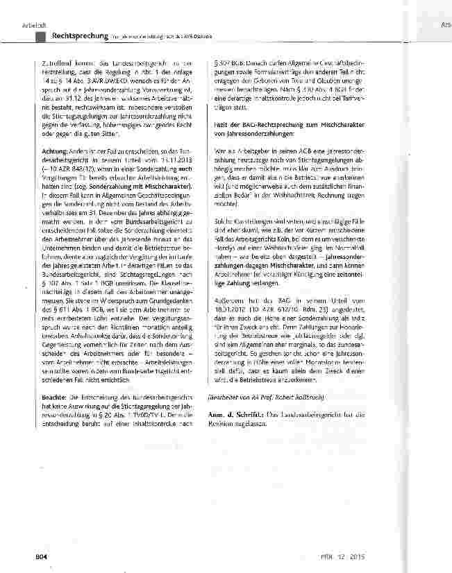 Vorschauseite 6: Zur Jahressonderzahlung nach den AVR-Diakonie AVR DW EKD Anl. 14 zu § 14 Abs. 3; BGB § 307, § 310 Abs. 4; GG Art. 3 Abs. 1