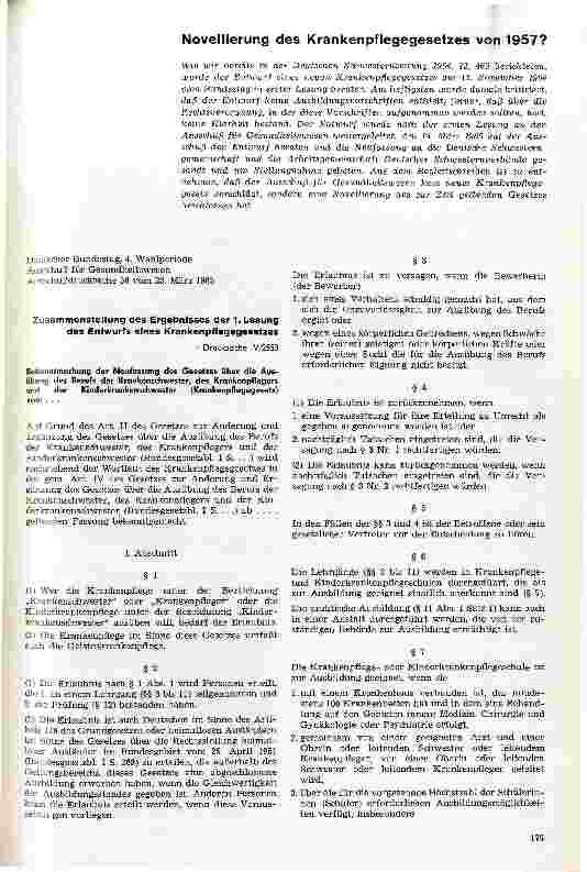 Vorschauseite 1: Novellierung des Krankenpflegegesetzes von 1957? Zusammenstellung des Ergebnisses der 1. Lesung