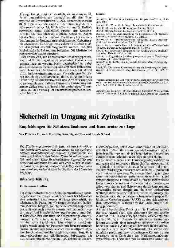 Vorschauseite 1: Sicherheit im Umgang mit Zytostatika Empfehlungen für Schutzmaßnahmen und Kommentar zur Lage