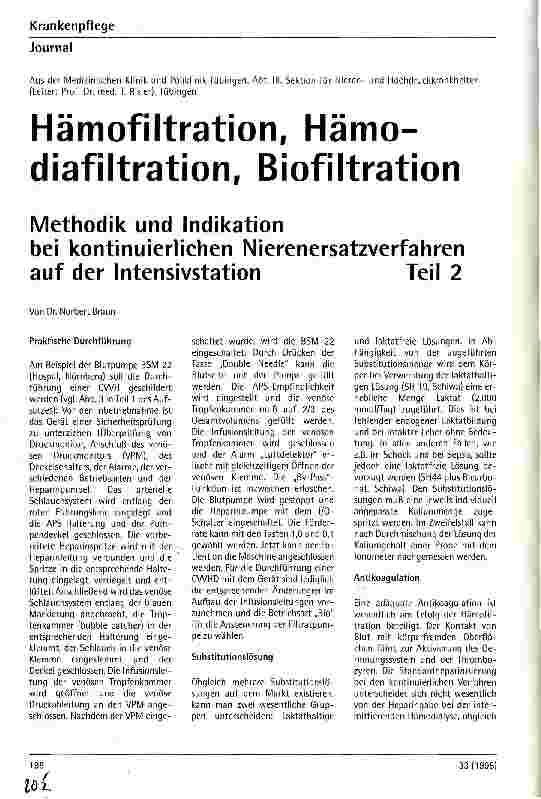 Vorschauseite 1: Hämofiltration, Hämodiafiltration, Biofiltration Methodik und Indikation bei kontinuierlichen Nierenersatzverfahren auf der Intensivstation Teil 2